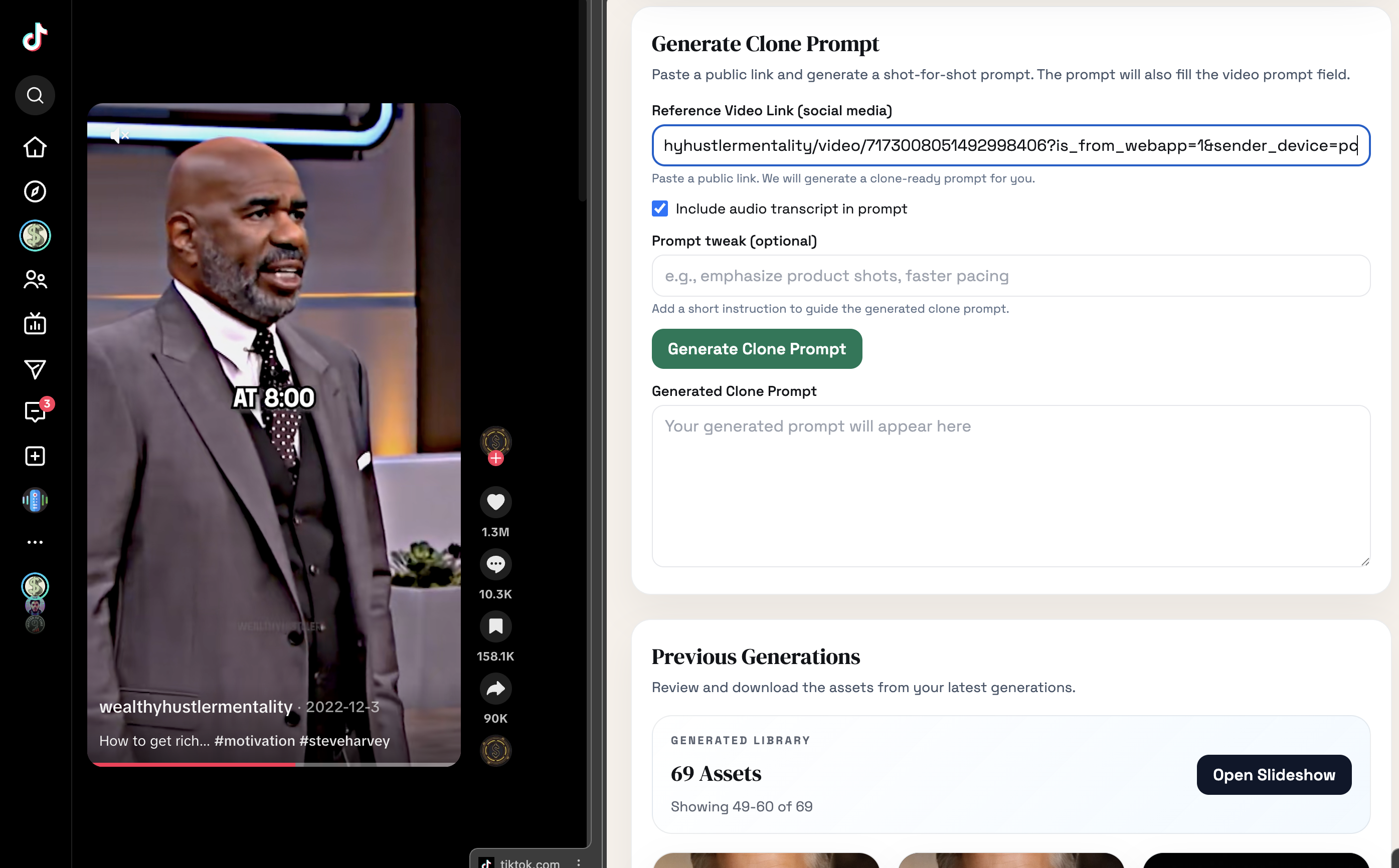 Posty dashboard showing clone prompt generation and generated library previews